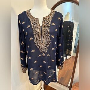 Navy sheer gold embroidered size large long sleeve tunic top shirt blouse v neck